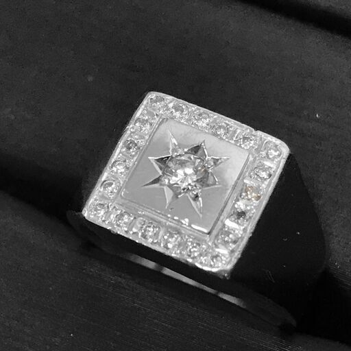 Pt900 リング 印台 リング 15.5号 22.6ｇ ルースダイヤ 約0.2ct メレダイヤ 約0.2ct ゴージャス