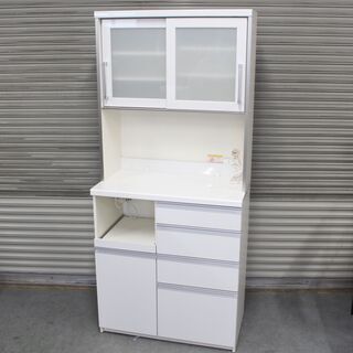 T686) ☆良品☆ パモウナ 食器棚 ソフトクローズ機能 幅90㎝ 高さ203cm ハイカウンター ガラス扉 参考10万 PAMOUNA キャビネット