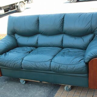 総革　レザー張り　3人用　ソファー　W180cm 　引取り可：田川市