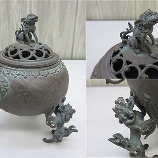 ss1974 未使用品 高岡銅器 香炉 須賀七郎作 玉型 三獅子 三足
