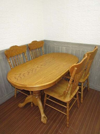 【中古】ss1454　札幌市内・札幌近郊限定　ダイニング5点セット　天然木　テーブル　チェア　4脚　椅子　いす　イス　幅140cm　食卓セット　カントリー　アジアン　エスニック　個性的