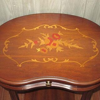 中古】ss1475 サイドテーブル 引き出し付き 象嵌細工 ブラウン ティー