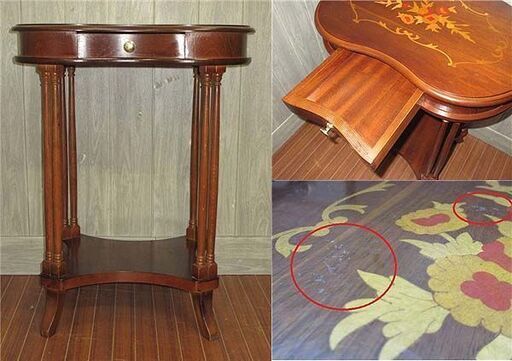 中古】ss1475 サイドテーブル 引き出し付き 象嵌細工 ブラウン ティー