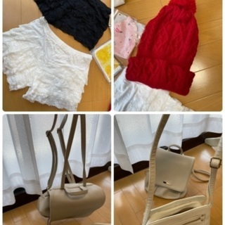 【画像のものセット】鞄古着などのセット。ショルダーバッグリュックサックニット帽子レディース女の子手帳ケースポーチの画像