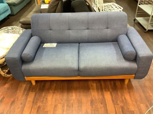 二人掛けソファー　布製　ブルー系　ロールクッション付き　中古