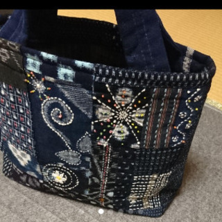 絣刺し子ハンドバックの画像
