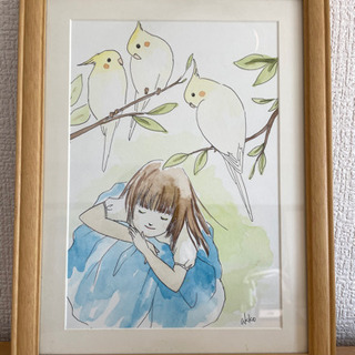 ＊お値下げ※🦜少女とオカメインコのイラスト絵画🦜