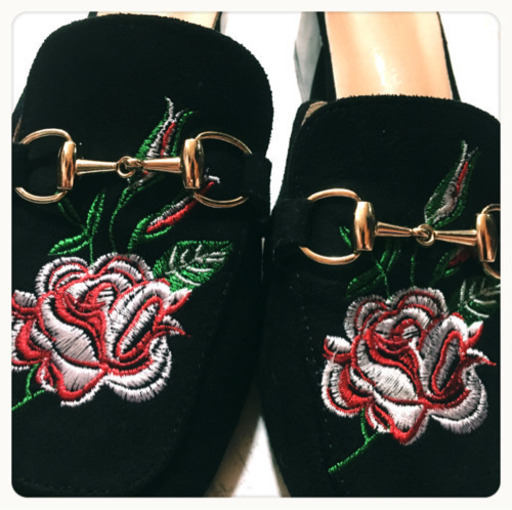 ご購入者様決定[TIANYING]スウェードビットサンダル花柄薔薇チャイナ黒23～24.5cm