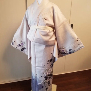 付け下げ訪問着 桜 刺繍 白 ピンク 紫　着物