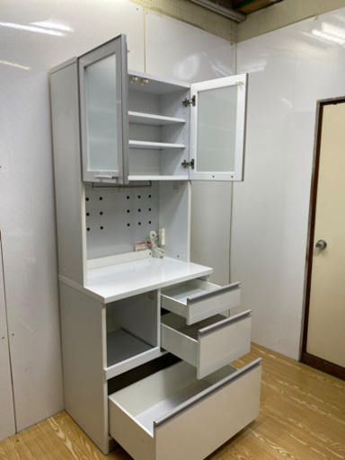 stp-0993 家電ボード　2連　ホワイト　食器棚　キッチンボード　収納棚　キッチンボード　幅77　スライドテーブル付き　レンジ台　レンジボード　キッチン収納　キッチンラック　食器棚　スライド台　キッチンカウンター　レンジラック　キッチン　炊飯器　白