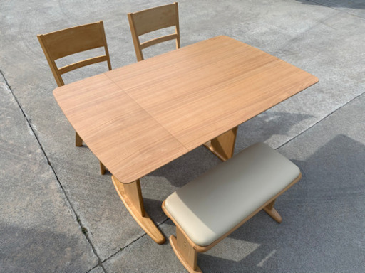 格安で！ナフコ ダイニングセット◇テーブル＆チェア&ベンチ◇伸縮式 2人〜4人用◇ナチュラル&ホワイト