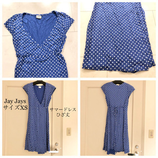 【ネット決済・配送】JAYJAYS ジェイジェイズ　水玉模様　みずたま　サマードレス　ひざ丈ワンピース　膝丈　半袖　青　白　XS   Sの画像