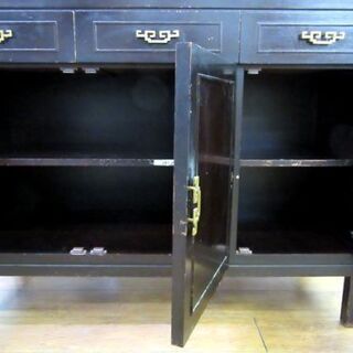 3枚扉 中国風キャビネット 幅120×奥51.5×高×92cm ブラック 黒 家具 収納 飲食 店舗用 什器 食器 インテリア ヴィンテージ 札幌 厚別店の画像