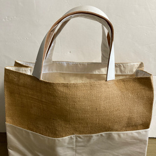 新品　麻　綿　トートバッグ  (内側シルク　外ポケット4つ)  ...