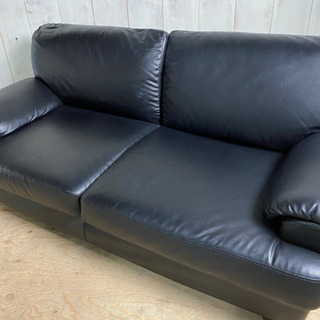 6/18 終 ワイド 2人掛けソファ 2Pソファ 2シーター ブラック フェイクレザー ローソファ 菊HG