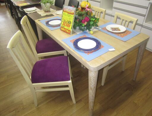 R077 国産 あすま工芸テーブル・桜屋椅子 おしゃれダイニング5点セット、4人用セット 美品