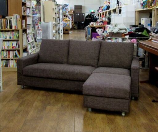 3人掛け 布ソファ カウチ 幅186×奥行85×高さ77㎝ 布 ブラウン/茶色  オットマン 家具 長椅子 リビング 札幌 厚別店