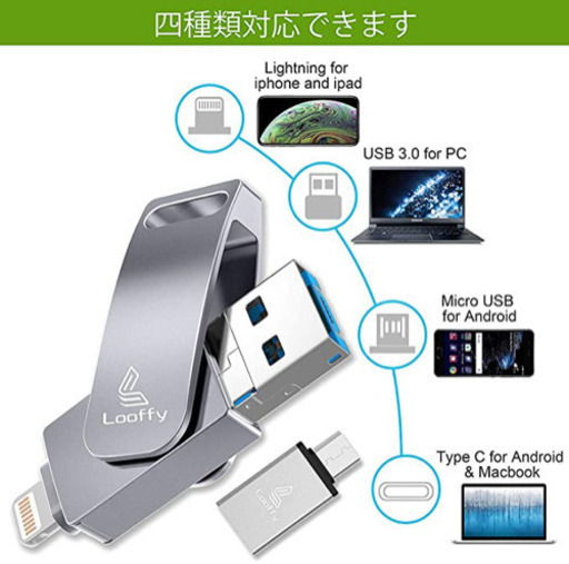 ４in1 usbメモリー iPhone フラッシュドライブ 128GB iPhone PC Android iPad対応 USB3.0 高速データ転送 アイフォン メモリ USB 両面挿しスマホ 360度回転式 USB メモリー iPad USB iPhone対応 フラッシュドライブ Android パソコン対応 アイフォン用 USBメモリ OTG Android USB iPhone iPad iPodの容量不足解消 スライド式 亜鉛合金 防塵 耐衝撃