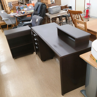 ワークデスクセット☆パソコンデスク☆4段ワゴン・サイドチェスト・机上ラック付き☆中古品の画像