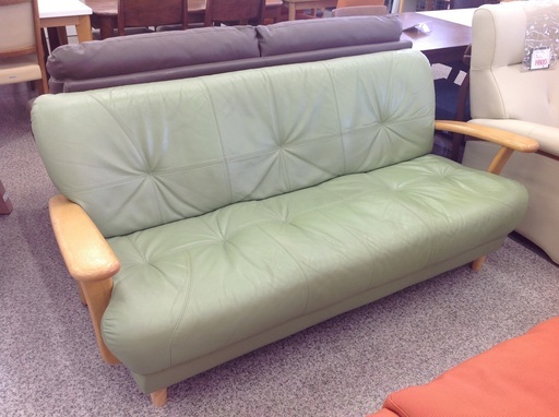 浜本工房 グリーン 革製 3人掛けソファー【9651074】