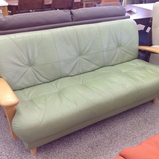 浜本工房 グリーン 革製 3人掛けソファー【9651074】