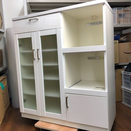 【中古美品！】 キッチンカウンター キッチンボード コンセント と スライドテーブル 2か所 付き カウンターホワイト 白 石風な天板