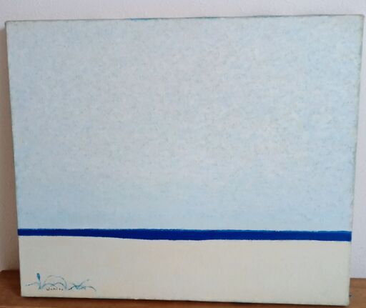 値下げ＆額換装しました。尾崎一郎さんの油彩　「海」　F8号　シンプルな美しさ