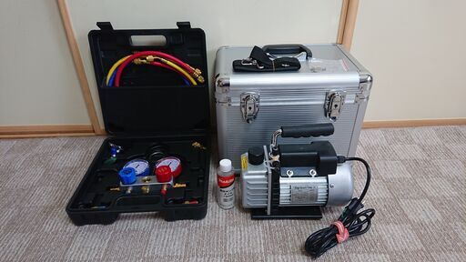 「値下げしました」　WEIMALL エアコン用真空ポンプ（排気速度 60L/S）と ガスチャージ マニホールドゲージセット　アルミケース付　引取限定