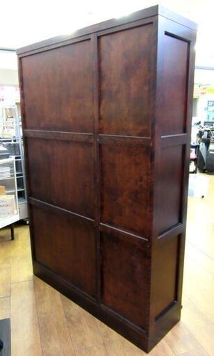 北海道民芸調家具 キャビネット 幅120×奥37.5×高180cm 書棚 食器棚 3枚扉 カットガラス 本棚 コレクションボード 分割