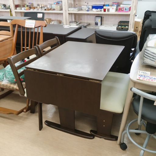 伸縮ダイニングセット☆イス3点セット(内ベンチタイプ1つ)☆ダークブラウン☆激安☆補修多め☆中古品