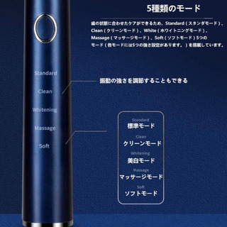 【新品未使用】電動歯ブラシ 歯ブラシ 音波歯ブラシ 静音設計 IPX7防水設計 5つモード 付属ブラシ2本 磨きポイント切替お知らせ 満充電で104日間使用可能 モード記憶機能 2分間オートタイマー機能 USB充電式の画像