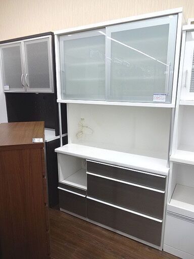 札幌 引き取り セパレート食器棚/キッチンボード 大型 キッチン収納 白×シルバー