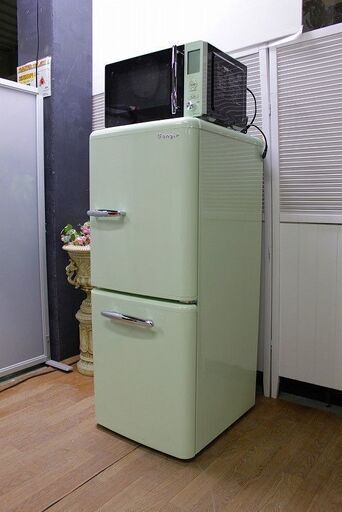 hレトロ家電2点セット　イ―アングルシリーズ　グリーン　冷蔵庫 149L / フラット電子レンジ　自社配送エリア限定 e angleシリーズ 家電セット 店頭引取大歓迎♪ R3263)