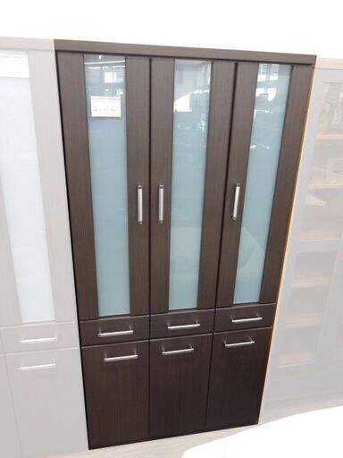 札幌 引き取り セパレート食器棚 3枚扉 こげ茶系 キッチン収納 戸棚 幅 約90ｃｍ