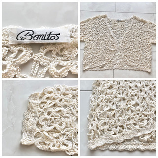 【ネット決済・配送】Bonitos 花柄　透かし編　ボレロ　カーディガン　ベスト　M ライトベージュ　レース　刺繍　フォーマル　カーディガン　羽織もの　カジュアル　トップス　薄手　はおりもの 羽織物 羽織り物の画像