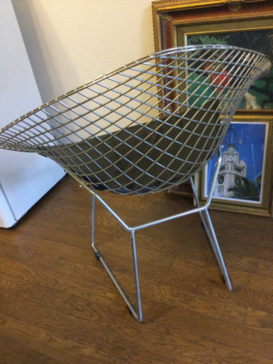 【シェアハウス処分】ハリー・ベルトイア　ダイアモンドチェア (レザークッション）リプロダクト品　クローム×ブラック