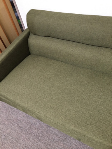 美品 3人がけソファ オットマン付き ファブリック 緑 グリーン レトロ調