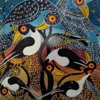 アクリル画　鳥親子　