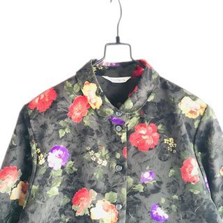 【美品】総柄 ポリシャツ アートぼかし花柄 深暗緑 モダン 日本...