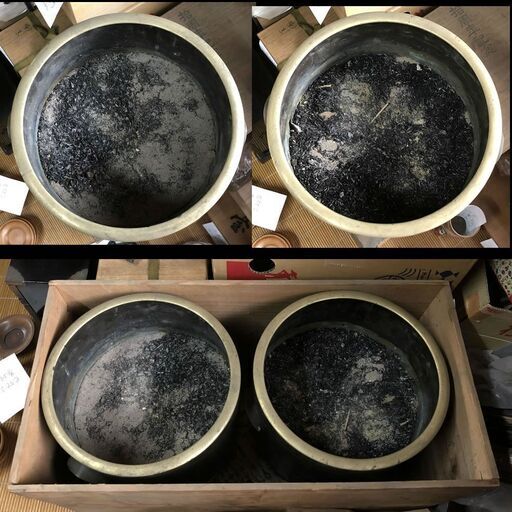 e554 銅製 火鉢 一対 木箱入り 古道具 古民具