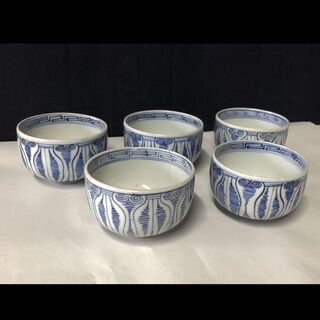 e154 古伊万里 染付 よろけ紋 ころ茶碗 5客 りん茶碗 茶碗 茶道具