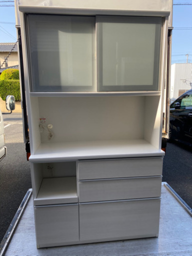 松田家具 レンジボード 食器棚 白 油圧式 安全ロック付き