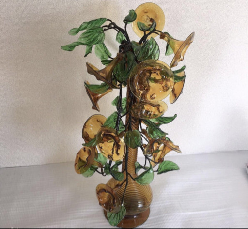 大型吹きガラス　手作り　花瓶　 アサガオ　フラワーモチーフ気泡あり フオブジェ