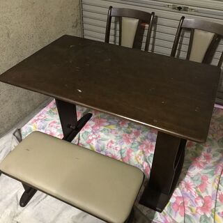 木製 4人掛 ダイニングテーブル 回転椅子2脚 ベンチシートセッ...