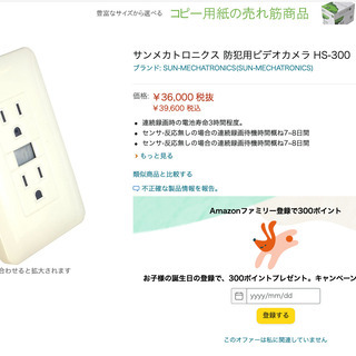 防犯カメラ　人感センサー搭載バッテリー駆動ビデオカメラ　HS-300　コンセント偽装　サンメカトロニクス　定価5万　新品未使用の画像