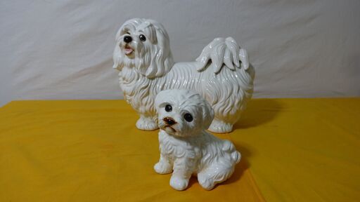今月限定1０００円でお譲り致します ★ 昭和レトロ マルチーズ 犬 親子 陶器製 置物 インテリア ★
