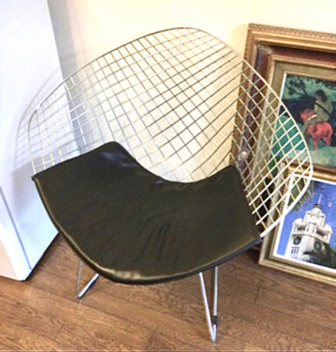 【シェアハウス処分】ハリー・ベルトイア　ダイアモンドチェア (レザークッション）リプロダクト品　クローム×ブラック