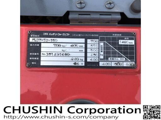 関東輸送費無料　ニチユ バッテリーフォークリフト ウォーキー 電動ハンドリフト 700kg　電動リフト　FBD-70-150　1480