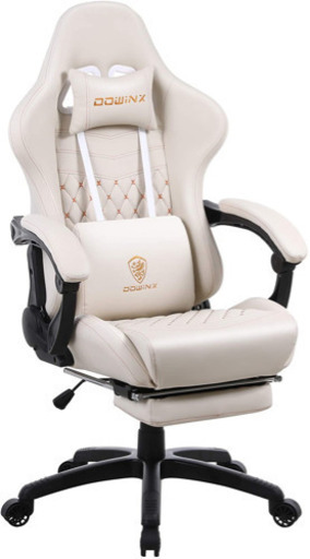 組み立て済み　新品　ゲーミングチェアDowinxオフィスチェア/ゲーミングチェア/パソコンチェア/デスクチェア/リクライニングチェア 伸縮可能のオットマン 新開発高級PUレザー 腰の振動機能付き 腰痛対策 調節可能ランバーサポート (ホワイト)