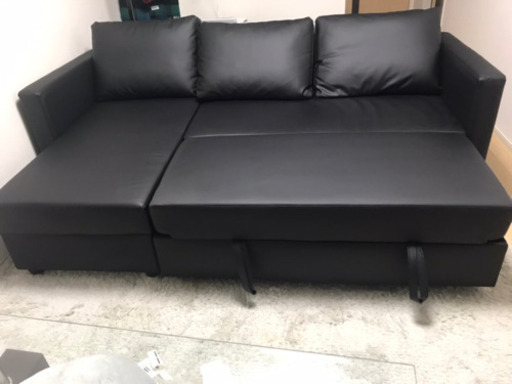 【美品】黒合皮ソファーベッド 